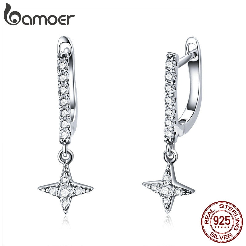 Bamoer 925 Sterling Zilver Twinkling Star Geometrische Oorbellen Voor Vrouwen Lichtgevende Cz Oorbellen Sieraden SCE446