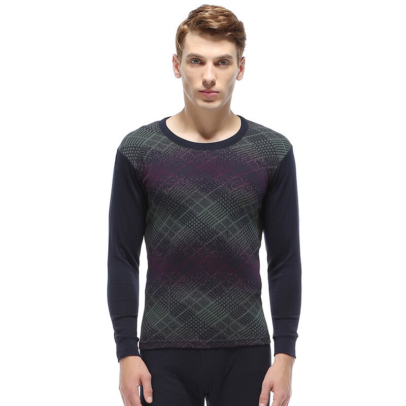 Men Plus Size Cotton Winter and Autumn Thermal Underwear Round Collar Undercoat Jacquard Long Johns Suit: 6804-Navy / L