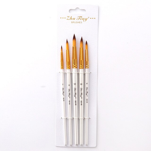 Pincel de nailon para pintura acrílica Gouache, suministros de arte, punta plana, tubo dorado, blanco, 5 unids/paquete: Set A