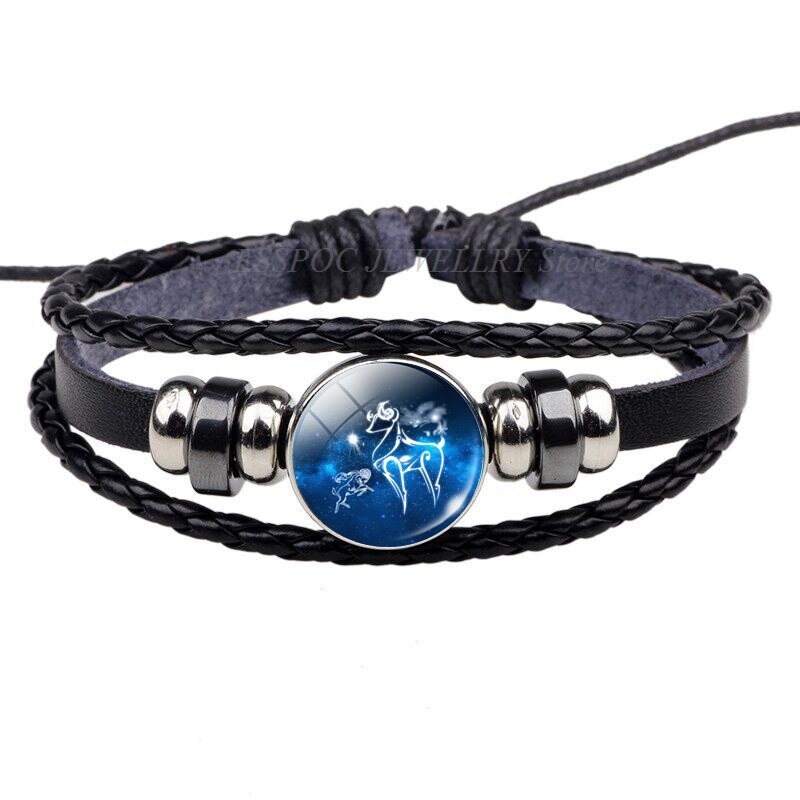 12 Constellations Black Bracelet Glass Cabochon Jewelry Leather Zodiac Sign Bracelets Men Punk Birthday: Aries