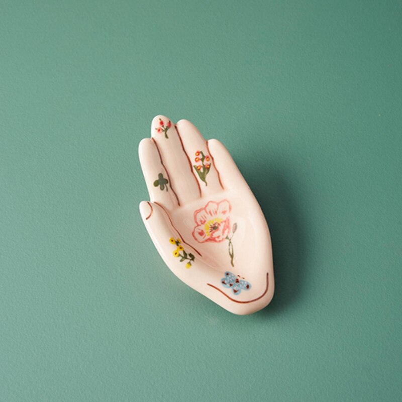 Decorative Hand Shape Plate Handpainted Ceramic Mini Trinket Tray Vanity Jewelry Storage Display Ring Dish Unique