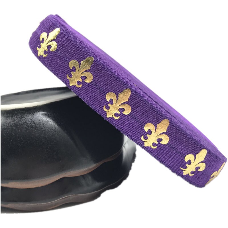 5/8 "16 Mm Bloem De Lis Print Vouw Over Elastische Singels 10 Yard Handgemaakte Haar Tie Hoofdband Accessoire naaien 3 Kleur: purple