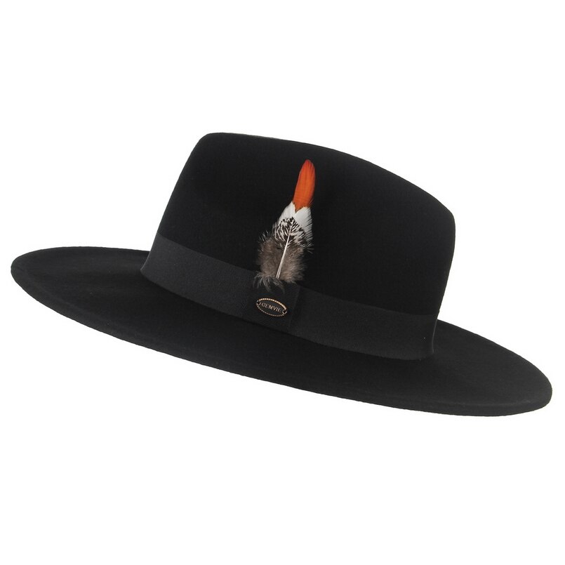 Gemvie bred skygge kvinder 100%  uld fedora vinter filt hat til mand stribet fjer band efterår panama jazz cap