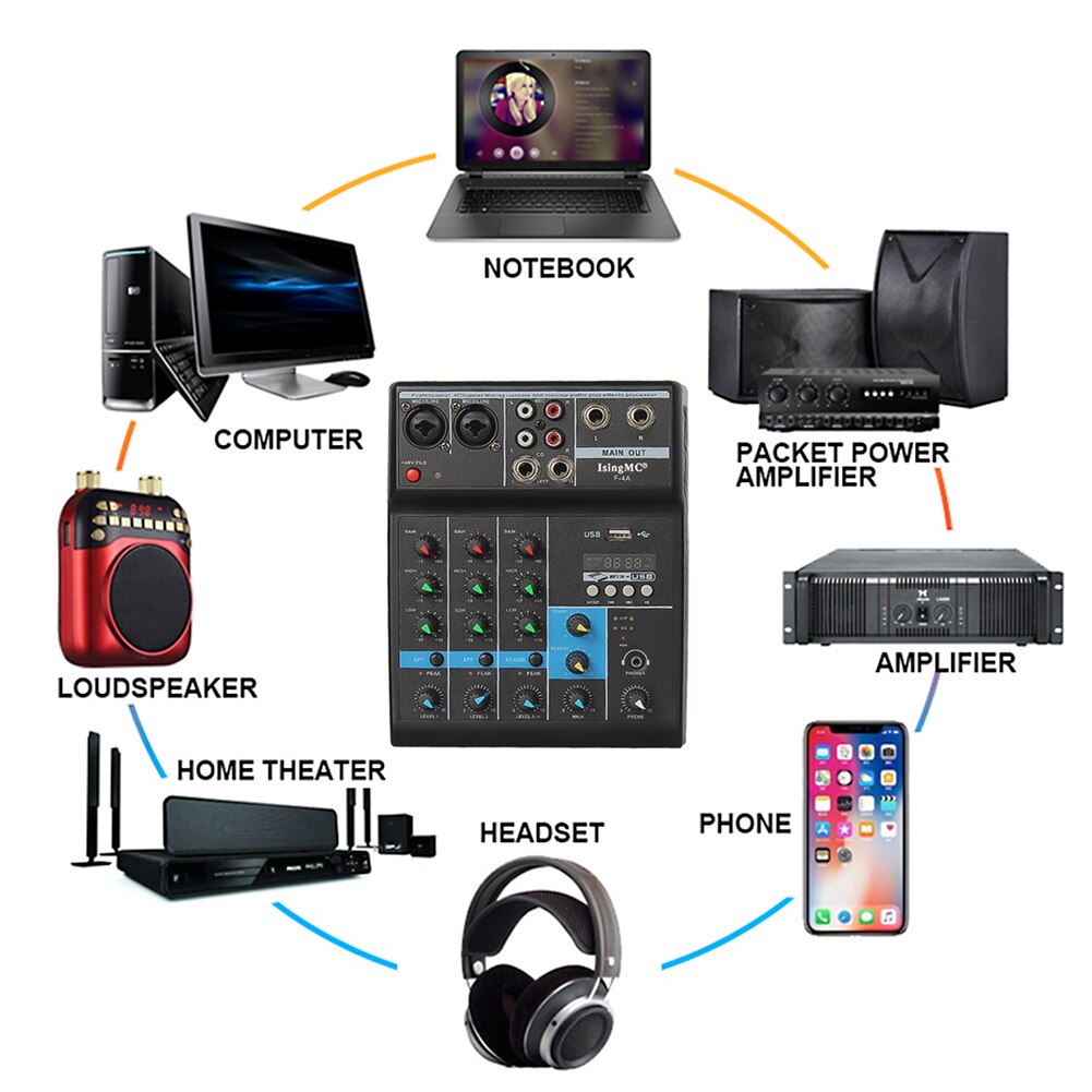 F-4A mezclador de Audio portátil de 4 canales, consola mezcladora de sonido compatible con Bluetooth