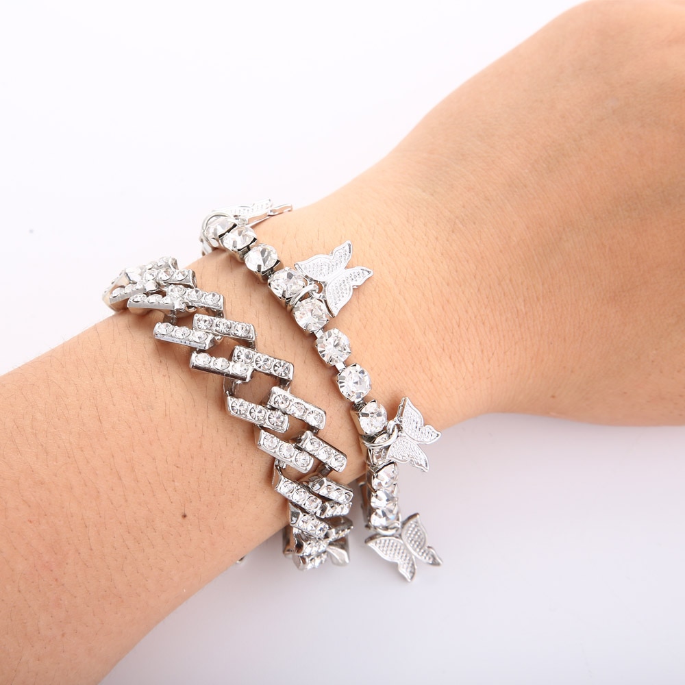 Rhinestone sommerfugl armbånd sæt charms cubanske armbånd til kvinder iset ud cubanske link kæde trendy krystal smykker