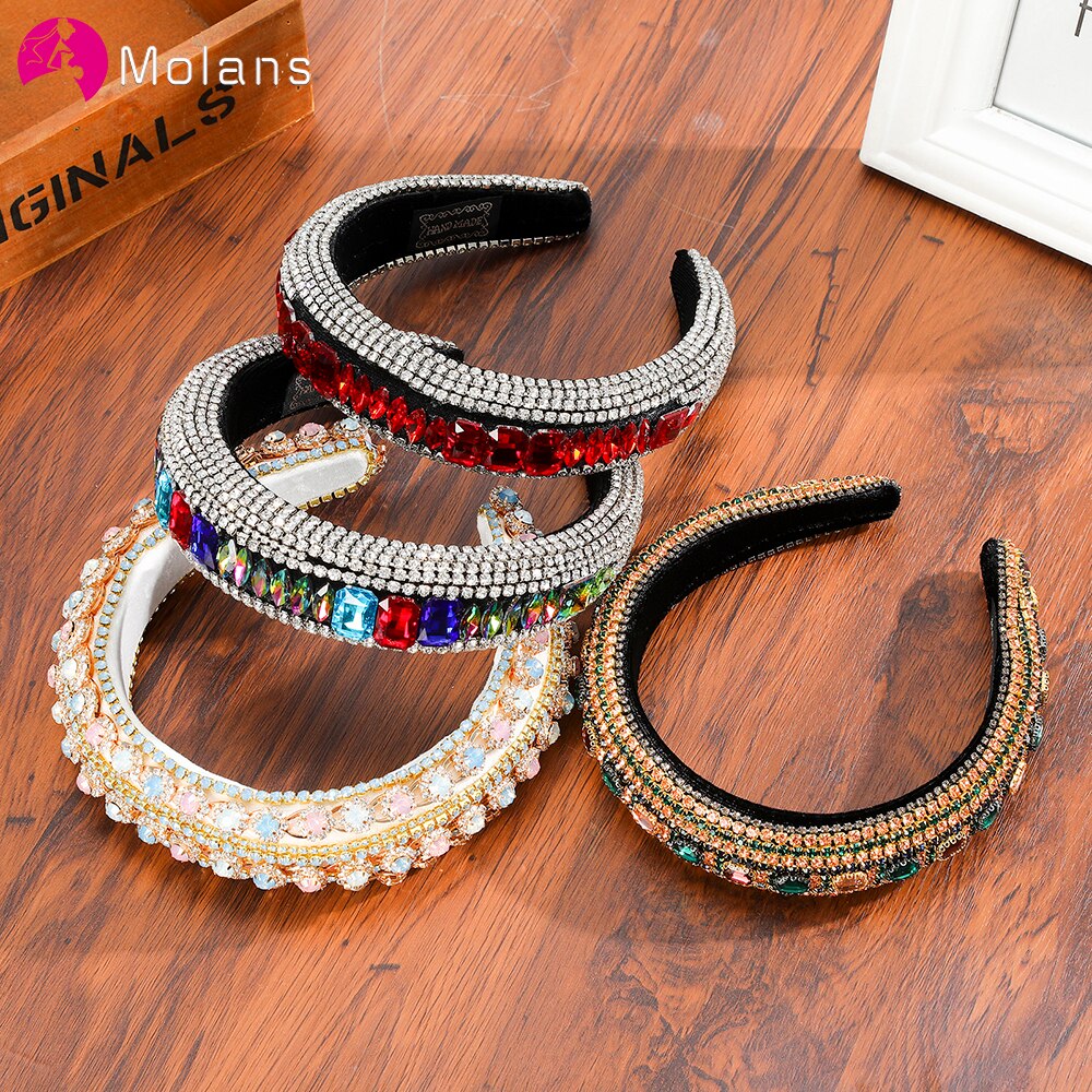 Molans prachtige grote gekleurde edelstenen hoofdband met brede rand, heldere diamantsteek, handmatige haarband, haaraccessoires voor vrouwen