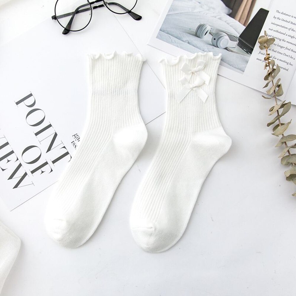 Medium Tube Woman Socks Ruffle Socks Lolita Bow Socks Cosplay Costumes Accessories Cotton Socks Cute Sweet Girl: style2 white