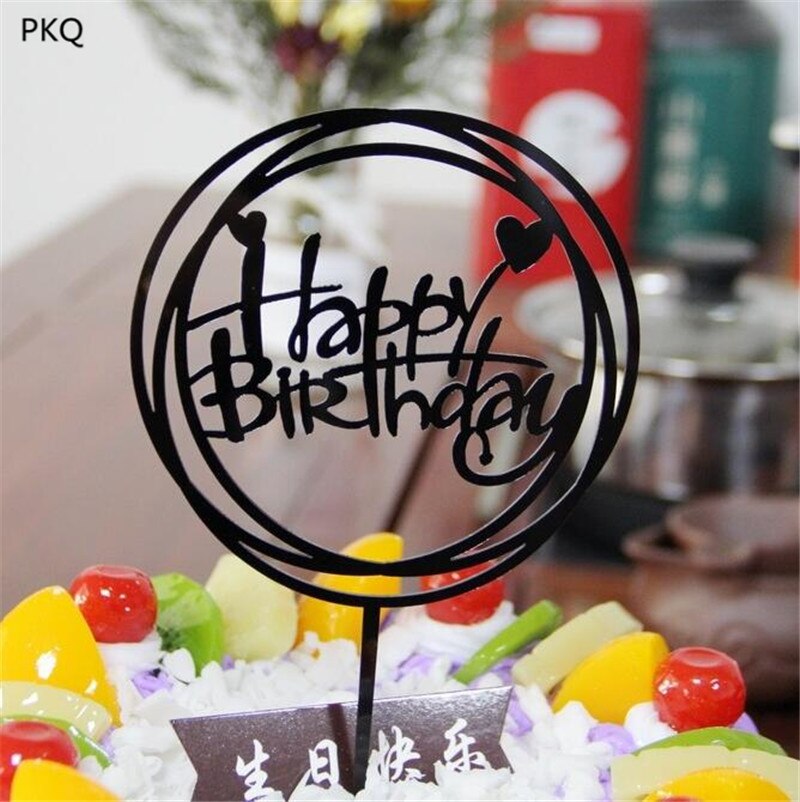 1 Pcs Ronde/Vierkante Acryl Gelukkige Verjaardag Topper Decoratie Voor Verjaardag Cupcake Vlag Verjaardagsfeestje Decoratieve Rekwisieten Levert: Round Black