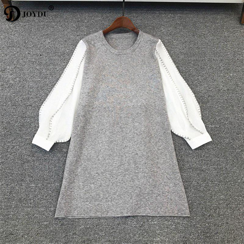 JOYDU vestidos Winter Lantaarn Mouw Patchwork Office Party Jurken Slim Chic Gebreide Trui Jurk: Gray / S