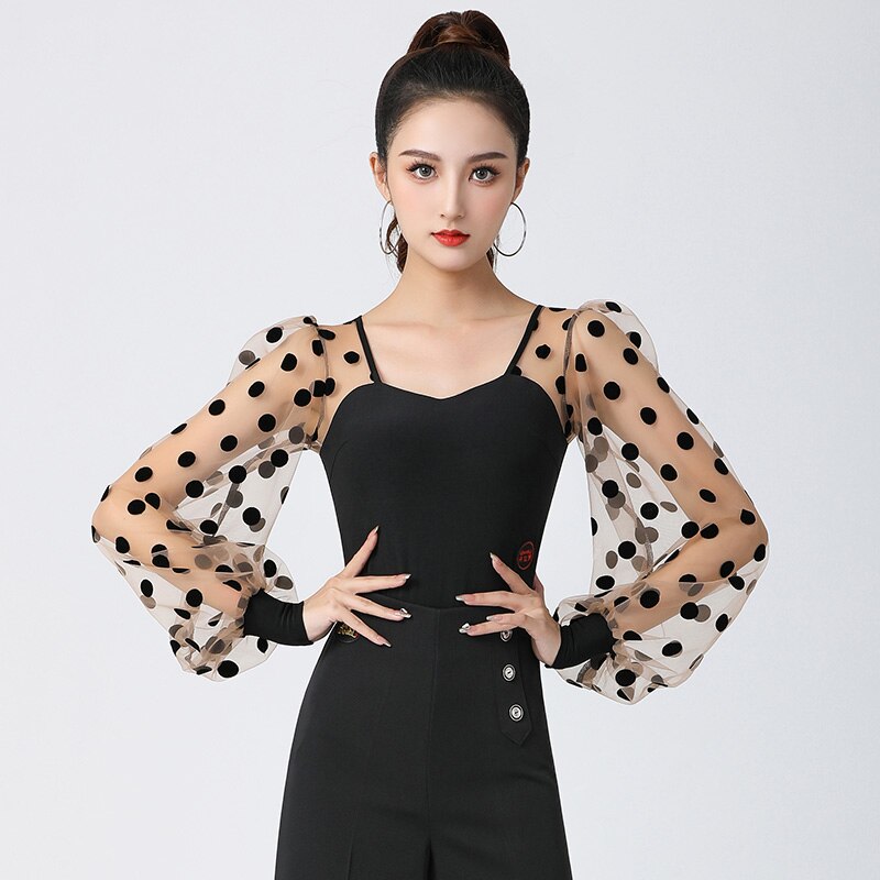 Latin Dance Practice Suit U Collar Latin Gauze Top Slimming Lantern Sleeve Dance Dress Ballroom Dance Dress Doubl: M