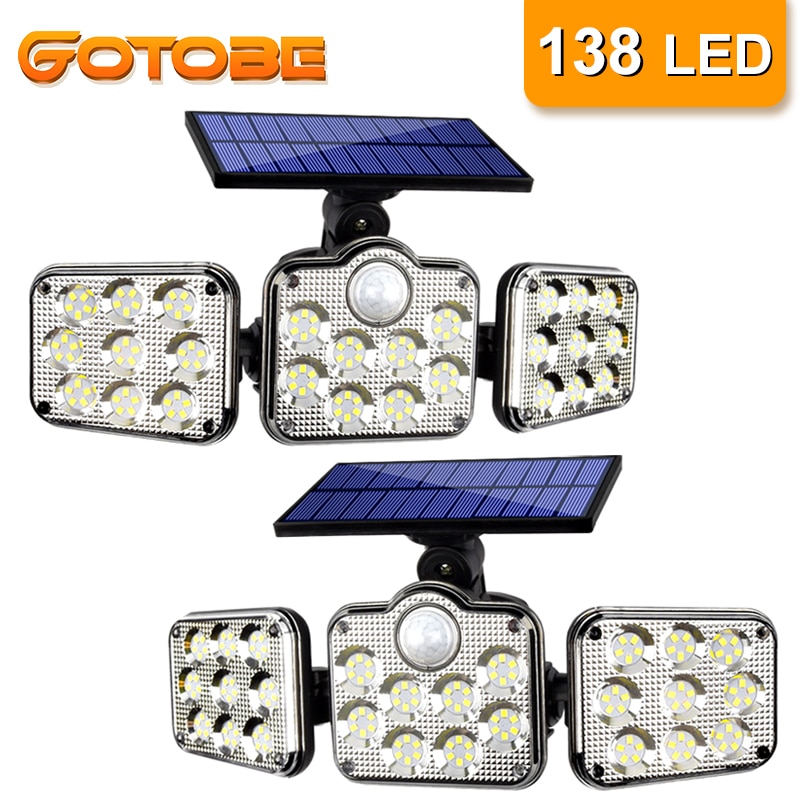 Solar Motion Sensor Outdoor Light 138 LED 3 Head 270° Wide Angle Illumination Remote Control Solar Wall Light for Garden Garage