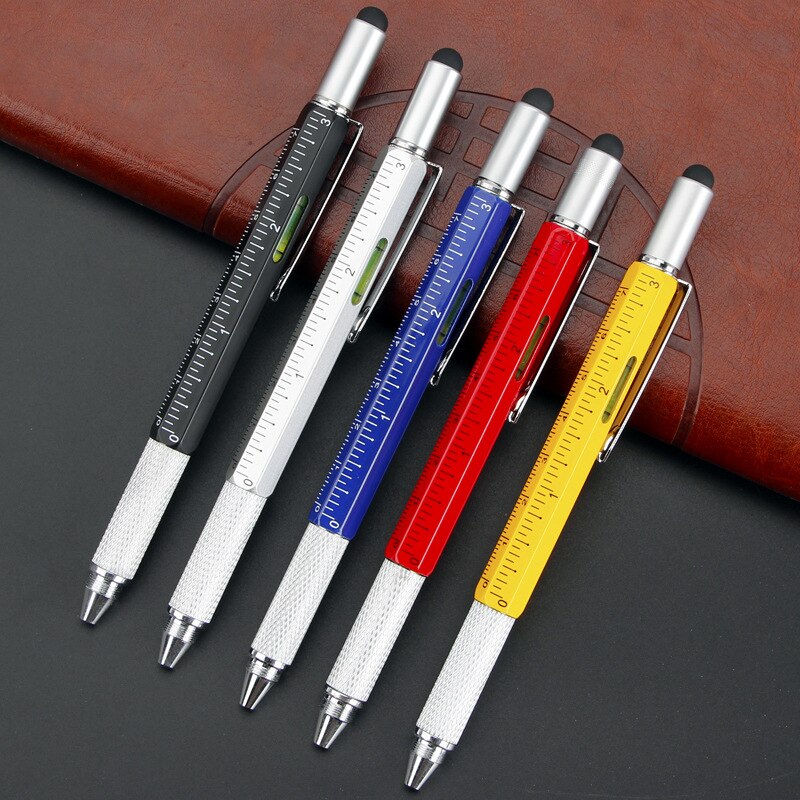 Caneta esferográfica multifuncional de metal, 6 em 1, com tela sensível ao toque, chave de fenda de dupla finalidade, régua de nível, presente, ferramenta, escola, escritório, papelaria