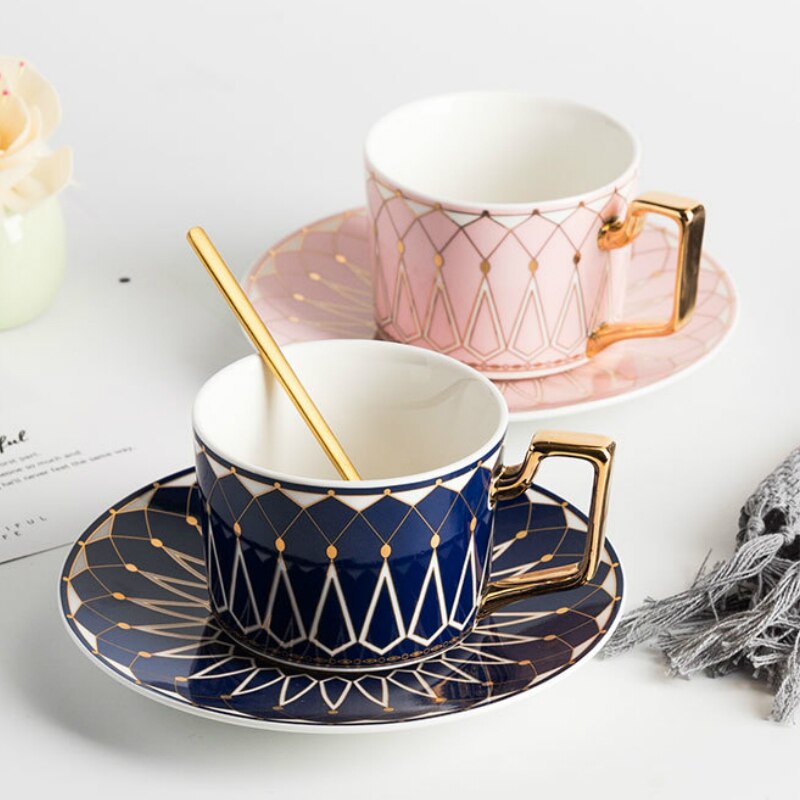British Style Luxury Moroccan Coffee Cup and Saucer Set with Gold Handle 220ml Ceramic Afternoon Tea Cup Porcelain Drinkware