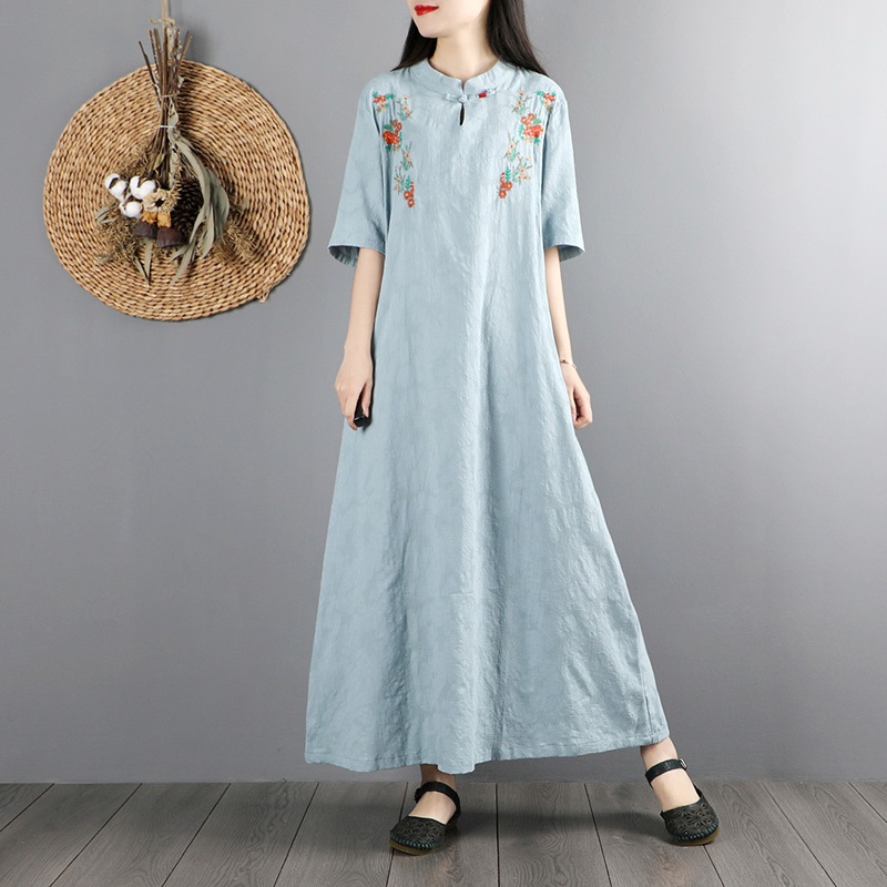 Chinese Dress Qipao Women Long Cheongsam Dress Cotton Linen Embroidery Chinese Traditional Dress Long Dress Qipao KK3698: 4