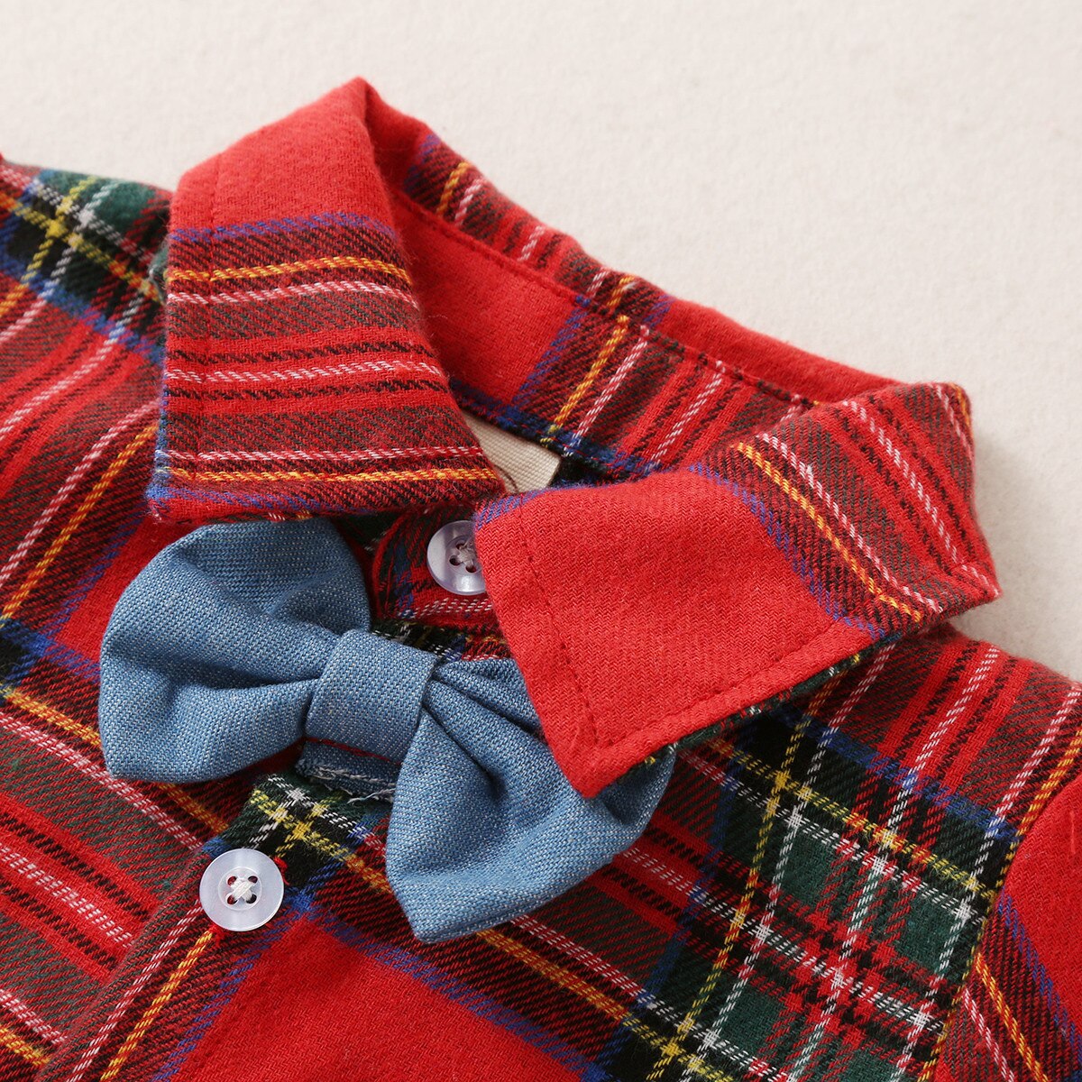 Christmas Baby Boys Gentleman Bodysuits 2Pcs Set Toddler Lapel Plaid Button Long Sleeve Romper + Blue Bow Tie for Children