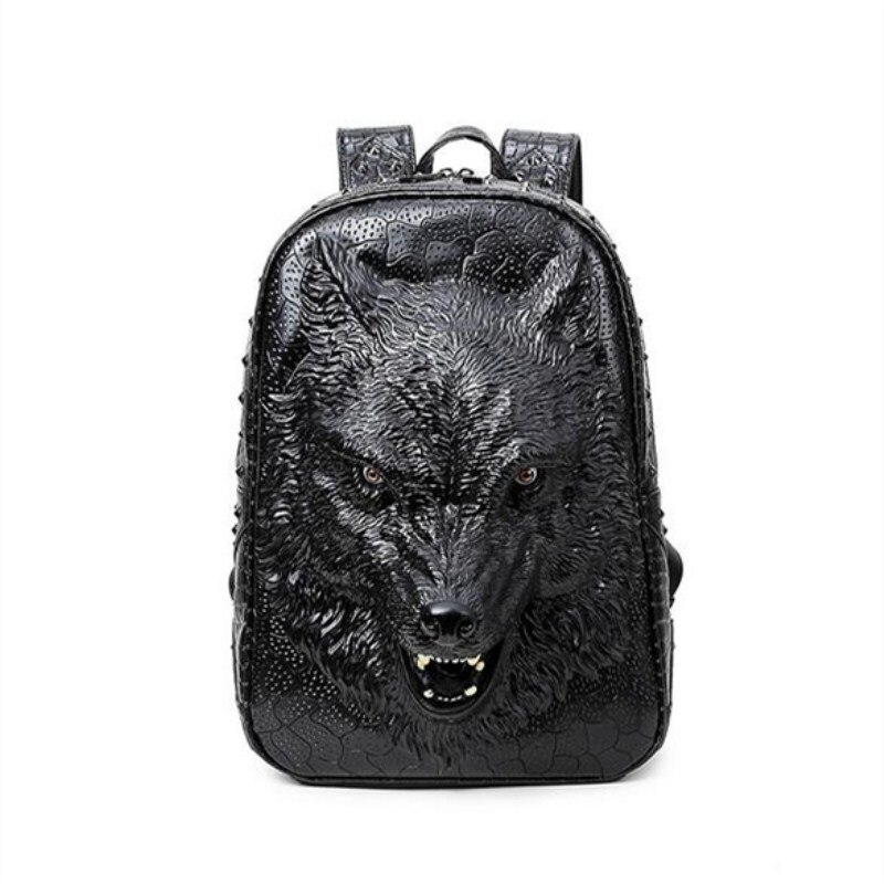 Stilfulde rygsække 3d ulv hoved rygsæk specielle seje skuldertasker til teenagepiger pu læder laptop skoletasker: Sort