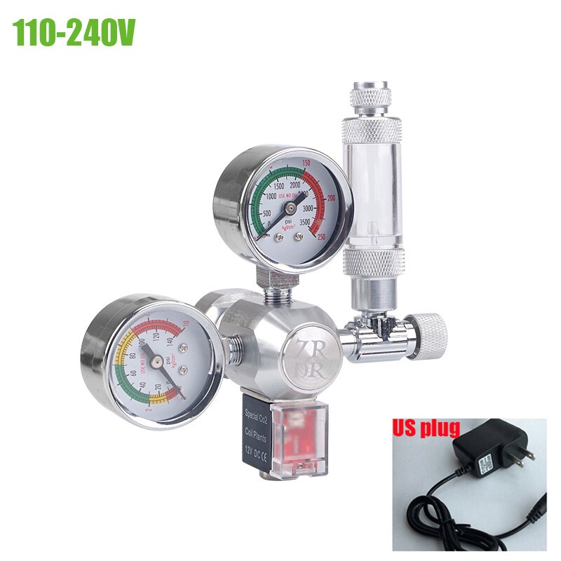 ZRDR/ Aquarium CO2 Regulator with Check Valve Bubble Counter Magnetic Solenoid Valve Aquarium CO2 Pressure-reducing Valve: 110-240V-US plug / W21.8