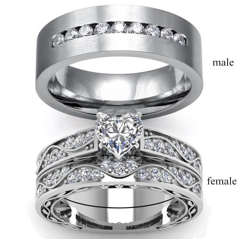 Par ringe - simpel rustfrit stål mænd ring kvinder hjerte krystal rhinestones ringe sæt bryllup forlovelsesring ring