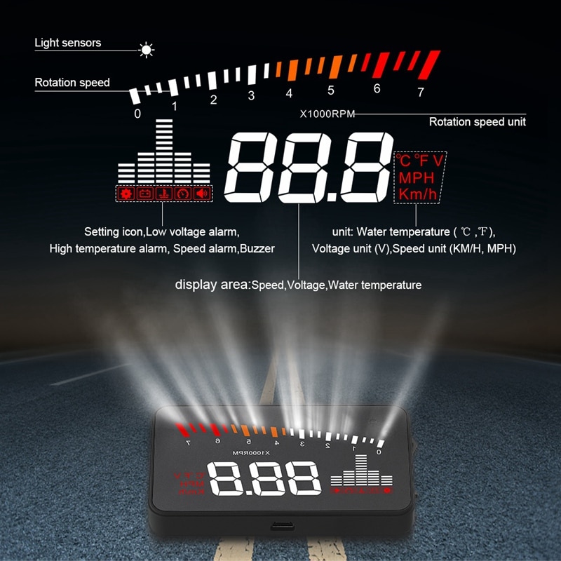 Auto voltaje electrónico alarma 3,5 Head-Up Display HUD coche OBD2 HUD de velocidad del coche para proyector Digital Speeeter X5