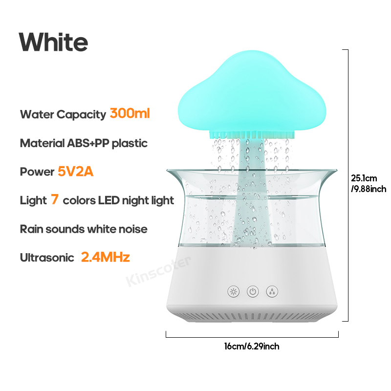 Humidificador de aire eléctrico de nube de lluvia, difusor de Aroma de 300ml, gotas de agua de lluvia Zen, humidificador de luz nocturna colorida para para el hogar: Blanco