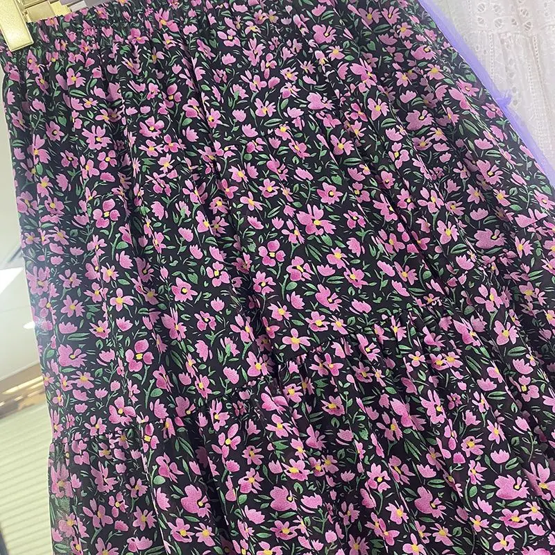 Koreansk dongdaemun blomstertrykk elastisk midje drapert skjørt dame a-linje midi skjørt vårsesongen slankende elegant