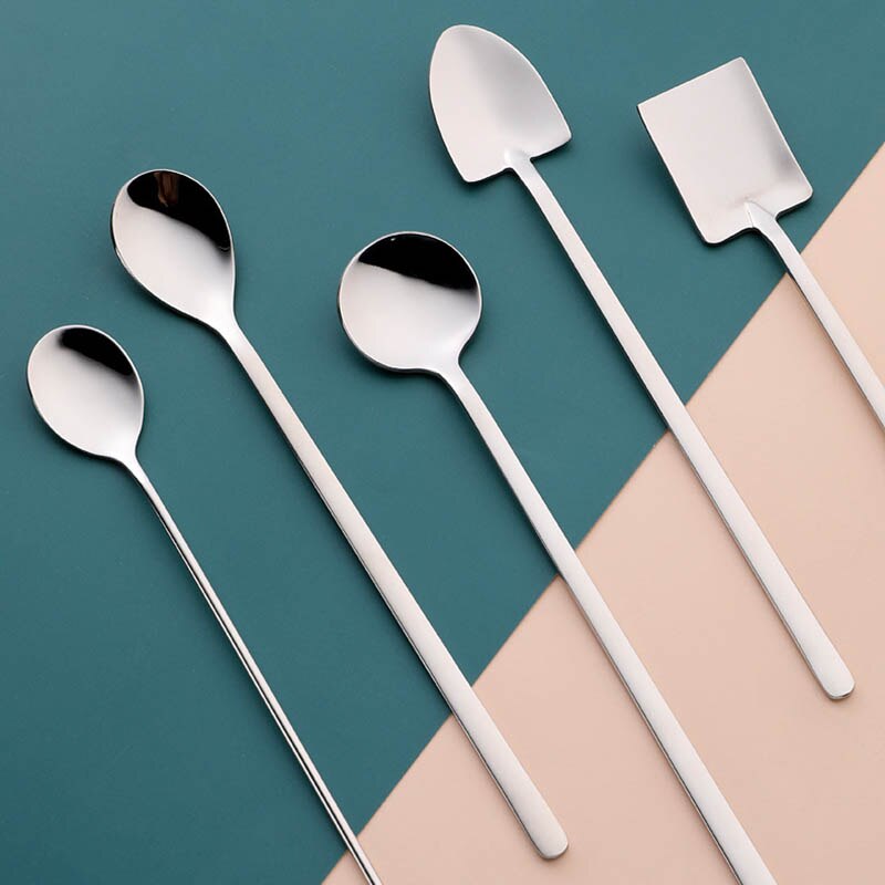 Long Handle Ice Cream Shovel Stirring Spoon Stainless Steel Korean Style Multi Purpose Bar Tools Silver Kitchen Accessories