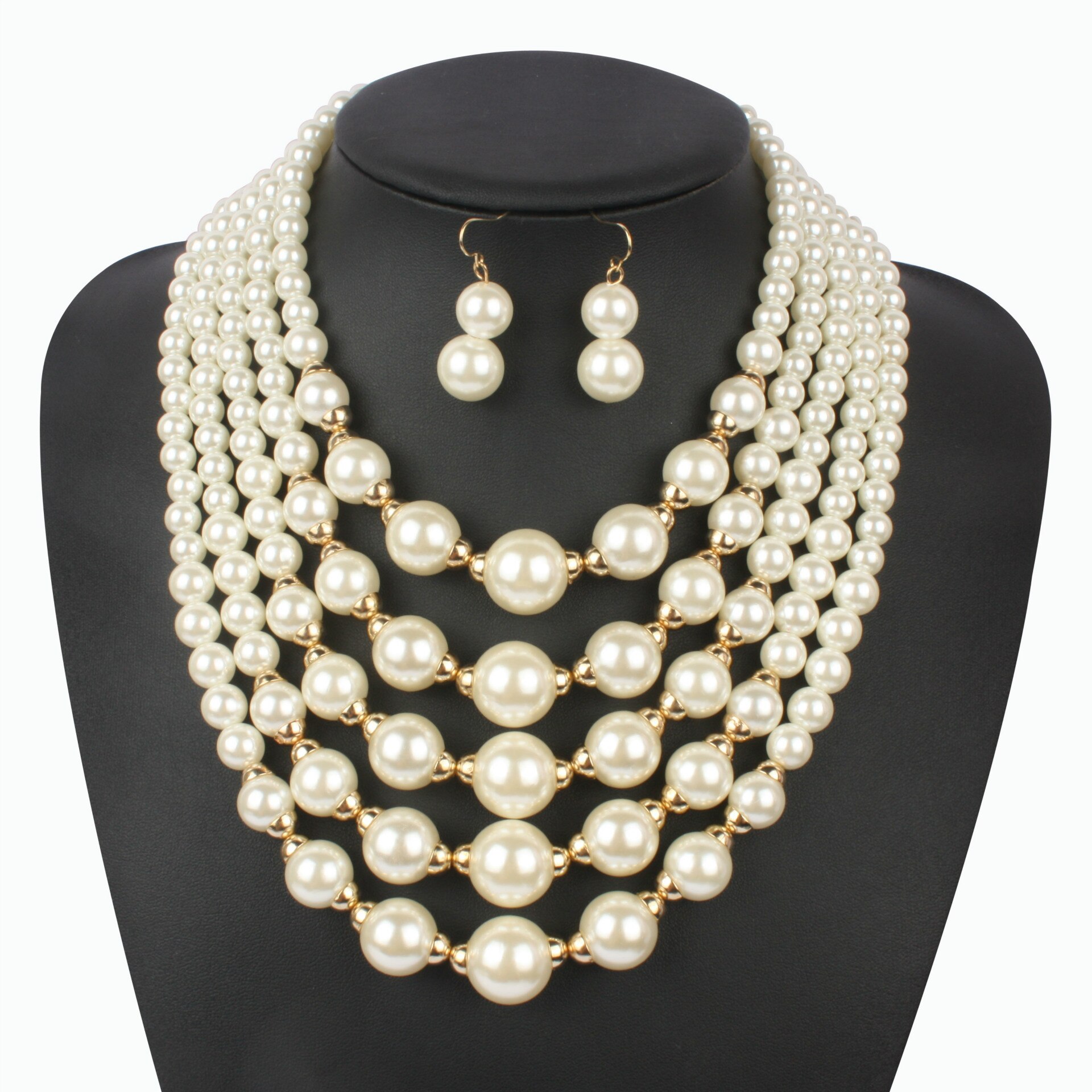 Maxi Exaggerated Bohemian Gold Jewelry Set Handmade Strand Beads Pearl Jewelry Sets for Women Multilayer Necklace and Earrings: white