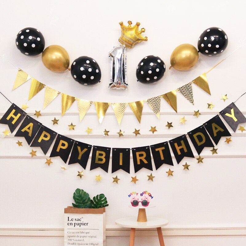 Tillykke med fødselsdagen banner glitter flag baby shower fødselsdagsfest dekorationer brev pige dreng fødselsdag forsyninger bunting krans flag