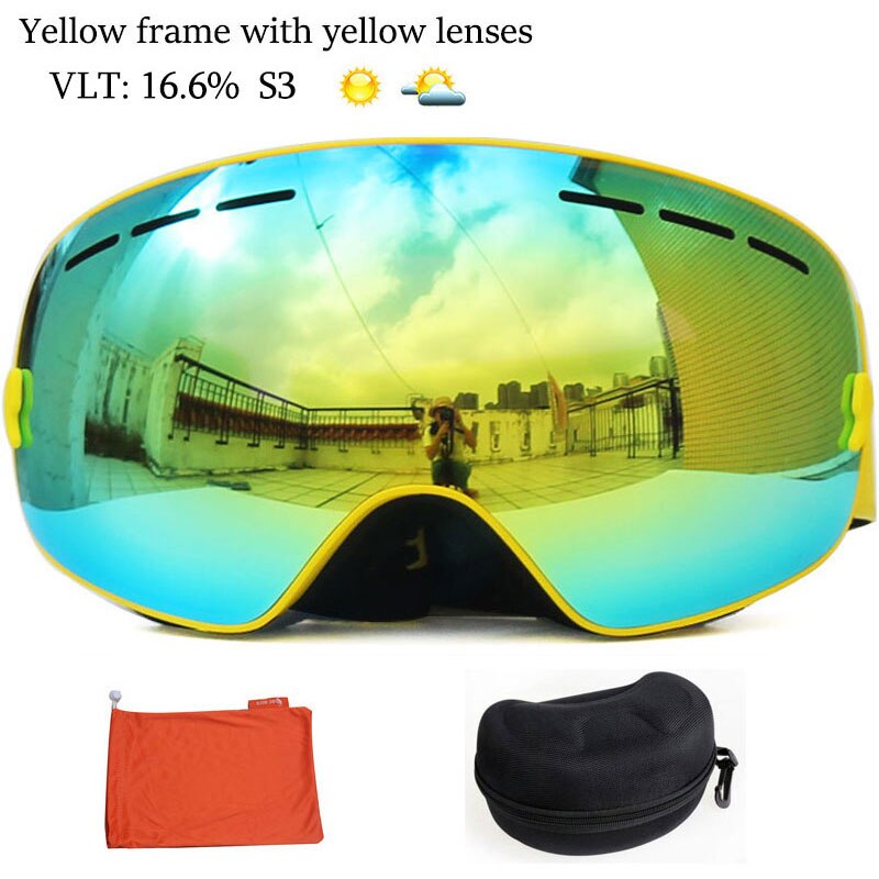 Benice double Layers UV anti-fog lens Men ski goggles big spherical skiing snowboarding snow glasses Eyewear 3100 Set case: Yellow
