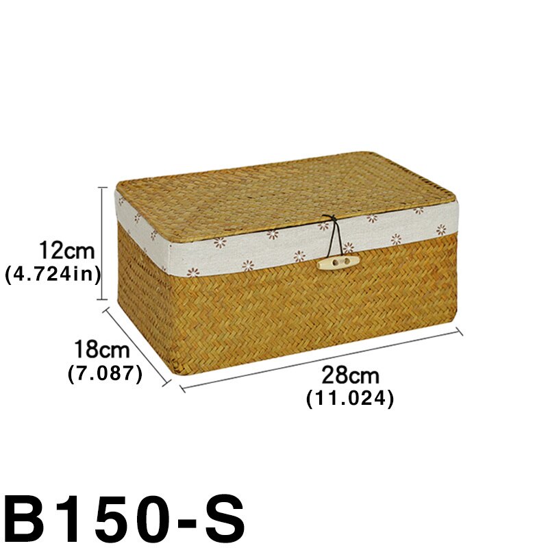 Handmade Rattan Storage Box Container Desktop Sundries Organizer Straw Wicker Basket With Lid Liner Bathroom Chest Square: B150S