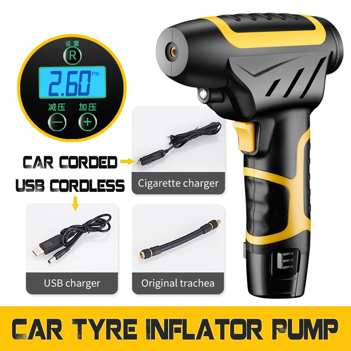 120W Wireless Car Air Compressor Handheld USB Rechargeable Tire 60s Inflator Digital Inflatable Pump Pressure Gauge Car