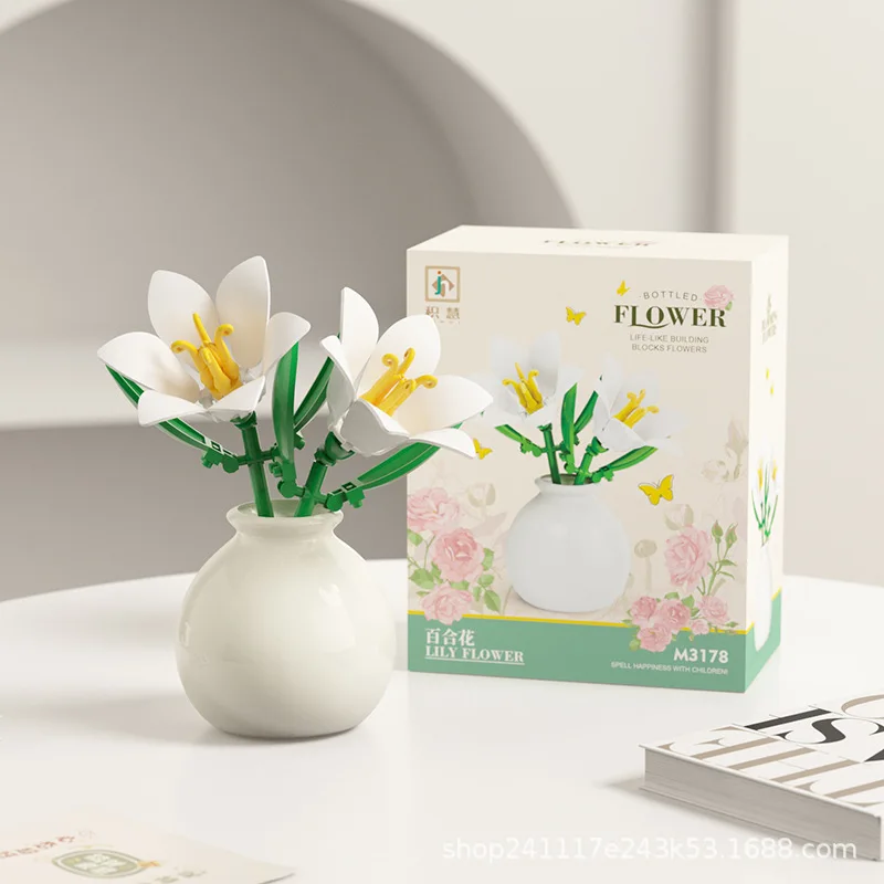 Building block pot plant bouquet of flowers, roses, lily building blocks, toys with flower pots, cute living room ornaments