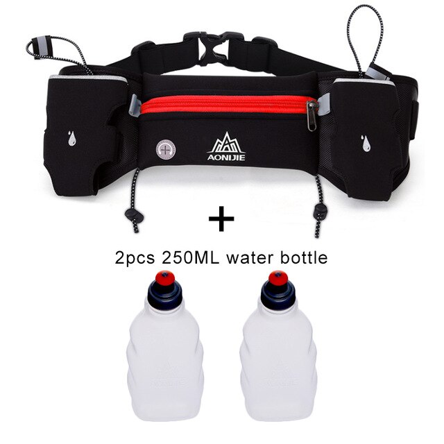 Aonijie sport hydrering bælte flaskeholder pakke justerbare talje bæltetasker marathon løb reflekterende racing fitness: Rød med 2 flasker