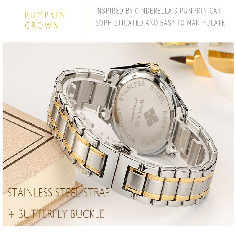 WWOOR, Reloj de pulsera de oro para Mujer, Reloj de Mujer de acero inoxidable resistente al agua, vestido informal, Reloj de cuarzo para Mujer, Reloj de Mujer
