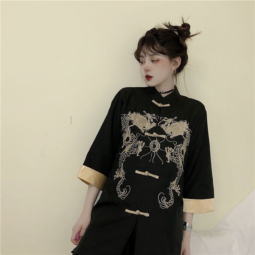 Black Gothic Tang Suit Jurk Voor Meisjes Vrouwen Chinese Traditionele Blouse Single Breasted Dragon Borduren Jasje
