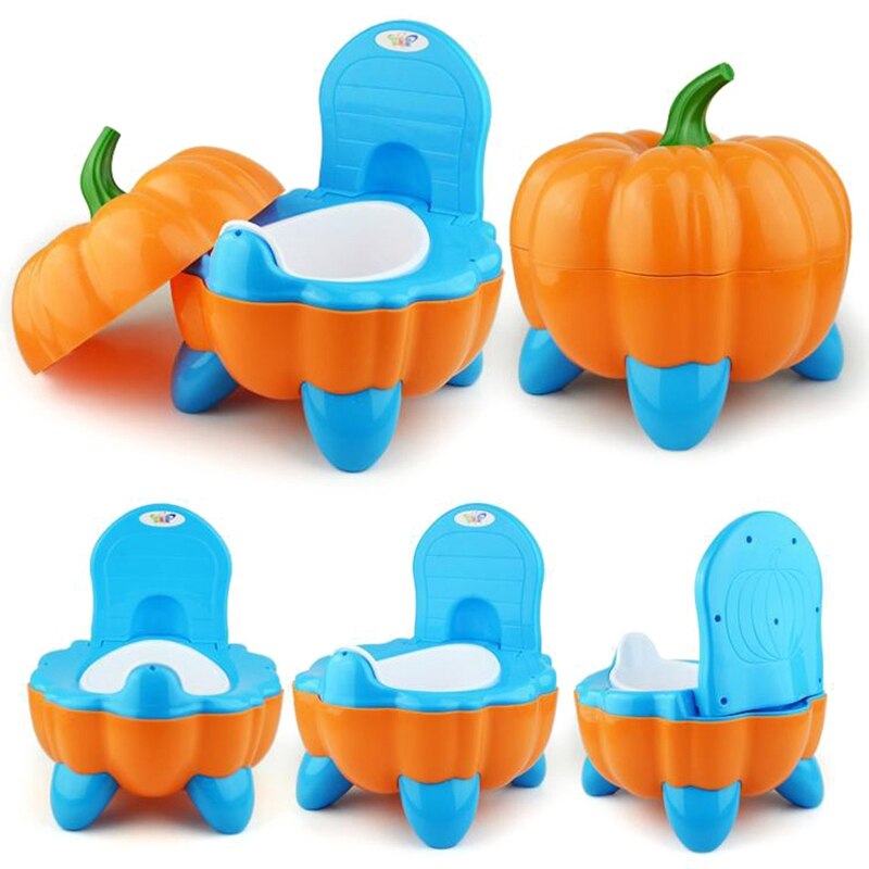 Bonita silla de bebé orinal plegable de dibujos animados para niño pequeño asiento de inodoro portátil de plástico calabaza-azul + naranja
