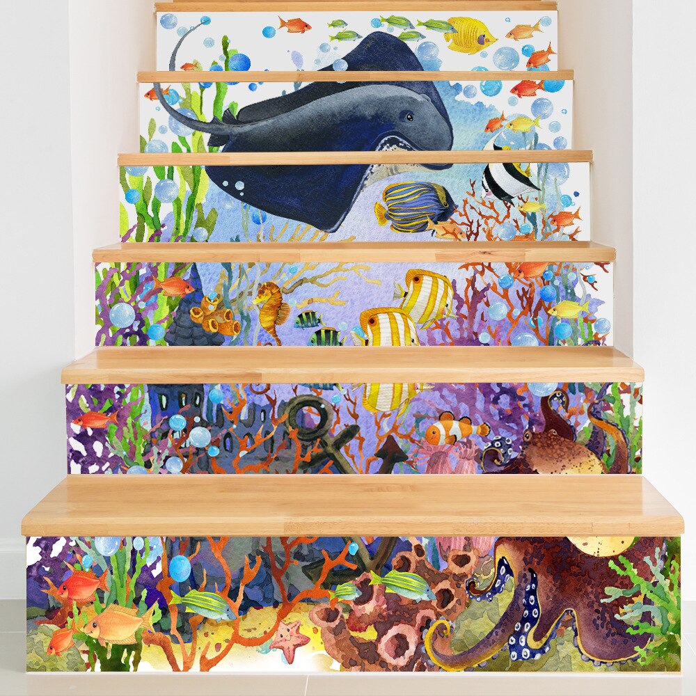 6 stks/partij Funlife home zelfklevende 3D trap sticker onderzeese wereld decoratie waterdichte trap sticke