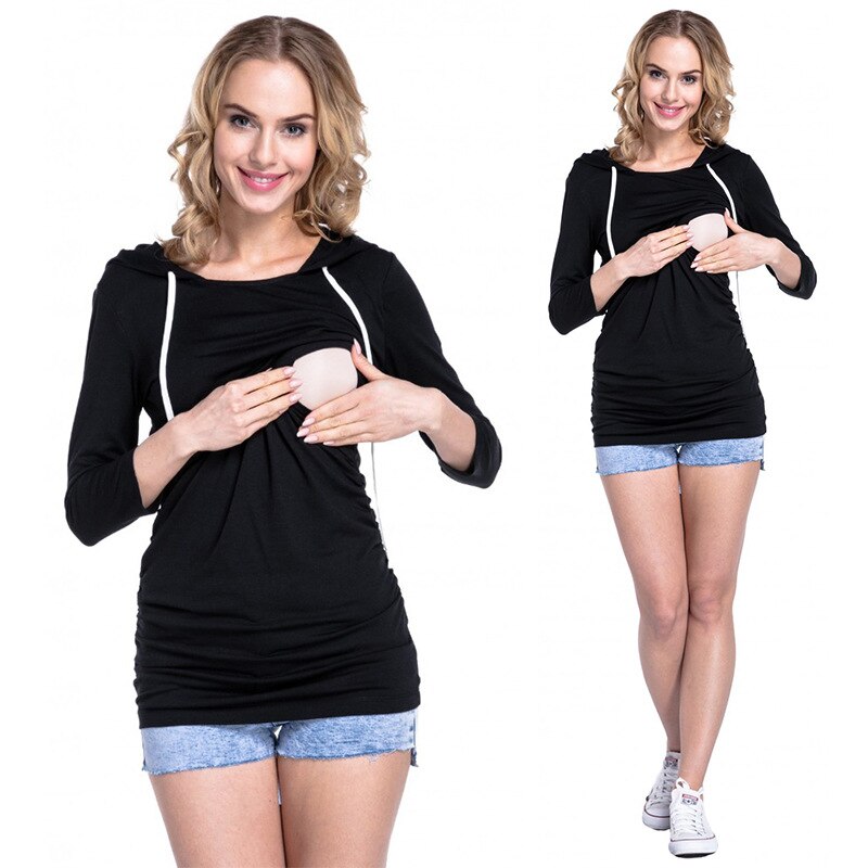 Långärmad gravid hoodie bomull gravid topp amningströja för amning höst lapptröja slim-fit t-shirt