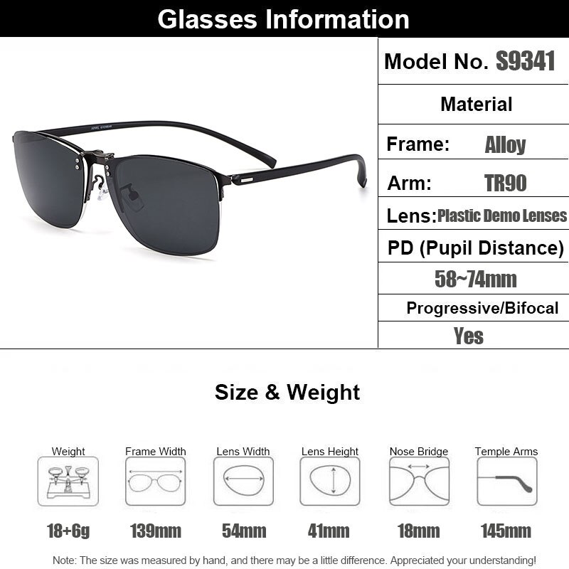 Gmei optiske mænd firkantede ultralette titaniumlegering semi-rimless briller ramme polariseret klip på solbriller  s9341