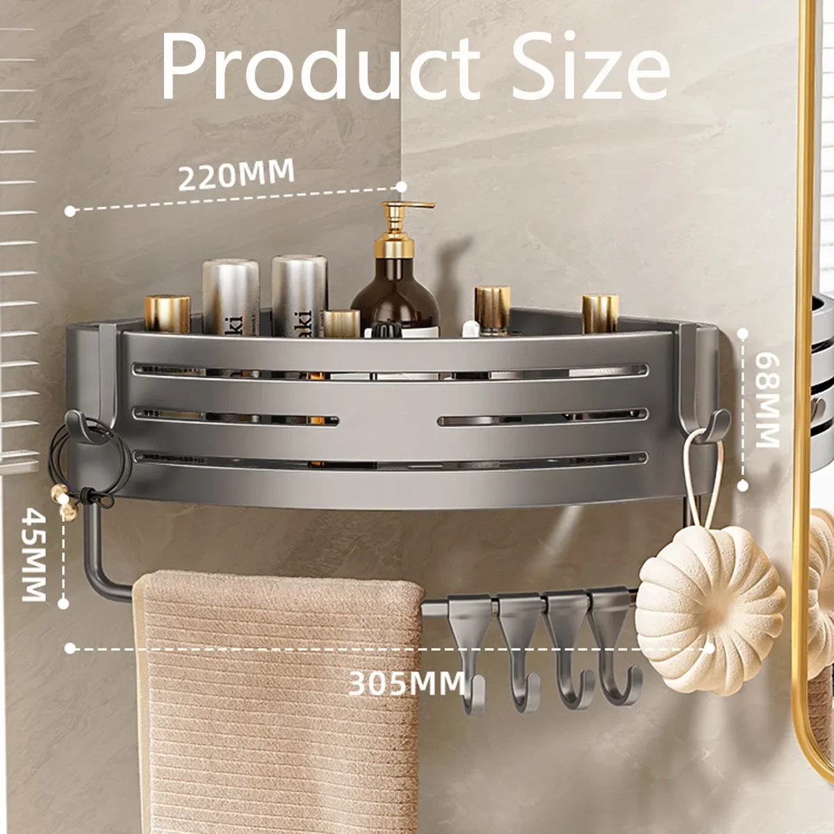 1-2PCS Shower Corner Shelf with Hook Towel Bar No Drill Space Aluminum Shower Storage Rack Bathroom Organizer