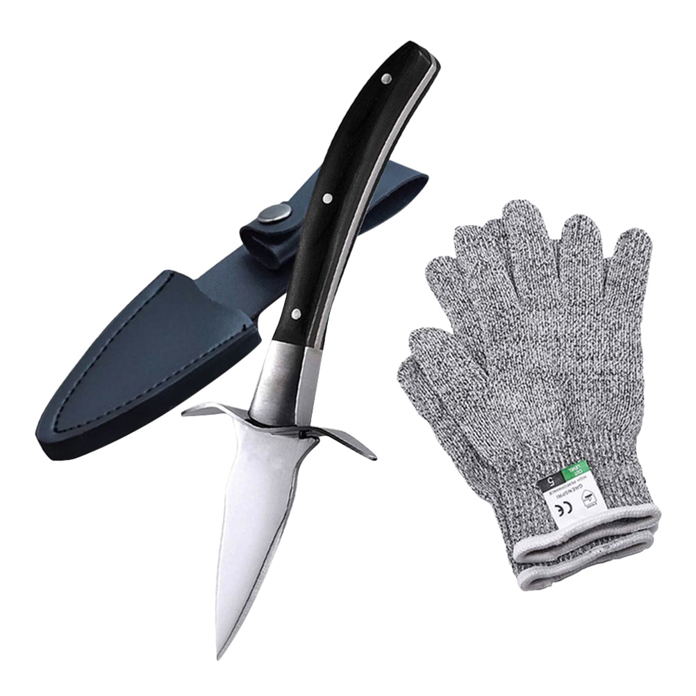 Stainless Steel Clam Oyster Knife Wooden Handle Open Shell Tool Seafood Cutter Shucker Kitchen Utensil with Gloves and PU Cover