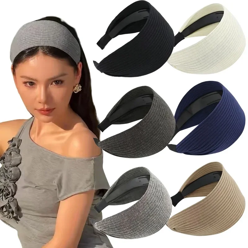 Mjuka, breda stickade hårband i bomull för kvinnor och flickor, koreansk, neutral, enfärgad turban med tänder, huvudband, huvudbonadsaccessoarer