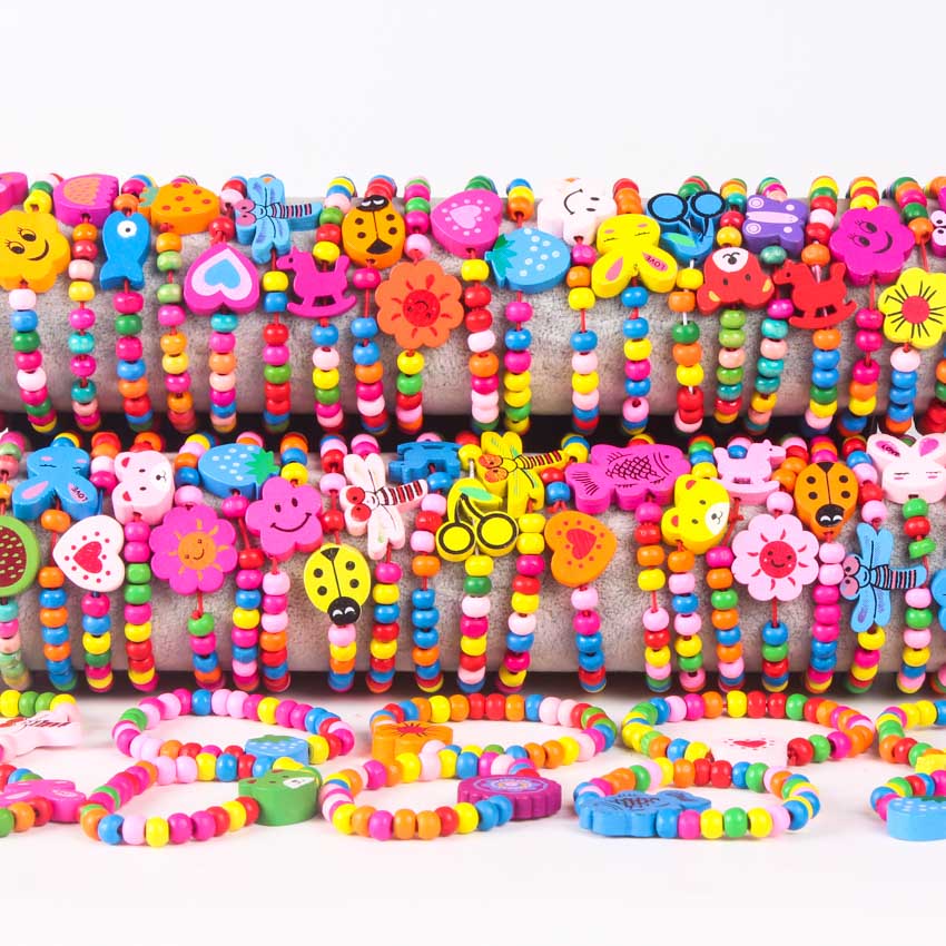 10Pcs Colorful wood beads Mixed lots Wooden Bracelets Wood Kid Girl Boy children Toy Child Party Bag fillers