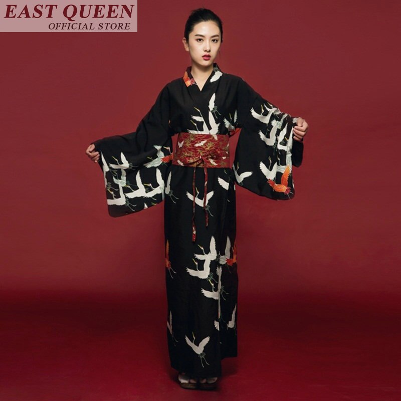 Japansk kimono traditionel japansk kimono sort yukata følelse tøj obi japansk geisha kostume haori  ff607 a: L