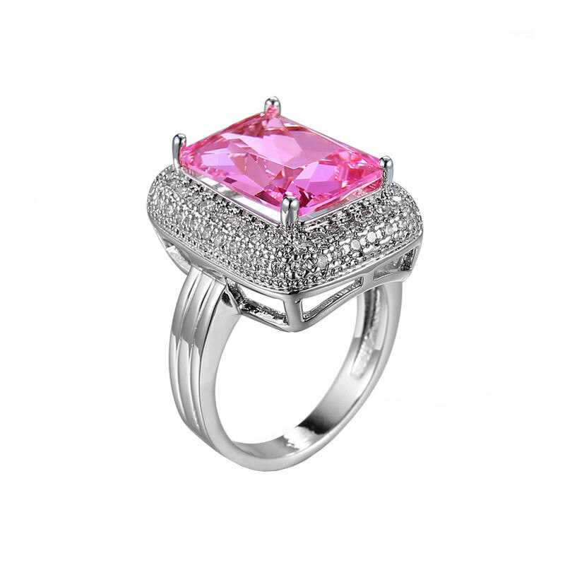 Lusso Femminile Grande Rosa Quadrato di Pietra Anello di colore Argento di Grandi Dimensioni Da Sposa Anello di Promessa di Amore Anelli di Fidanzamento per Le Donne