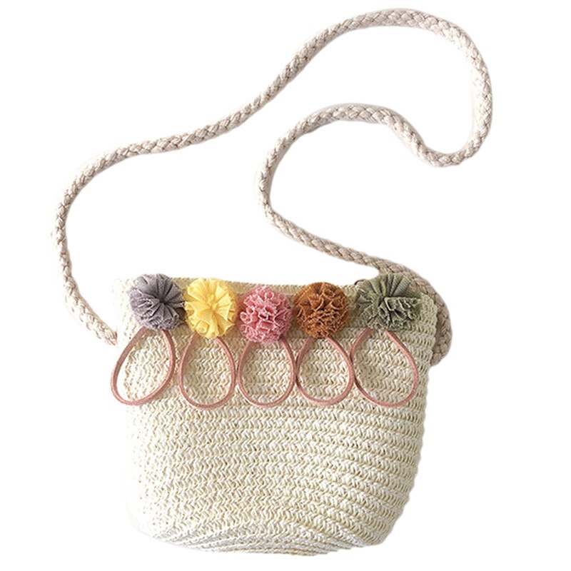 Handgefertigte mädchen-schultertasche aus stroh mit blumenmuster, umhängetasche, schlüssel- und münzfach, süße prinzessinnen-handtasche, 5 2022: Milchig weiß