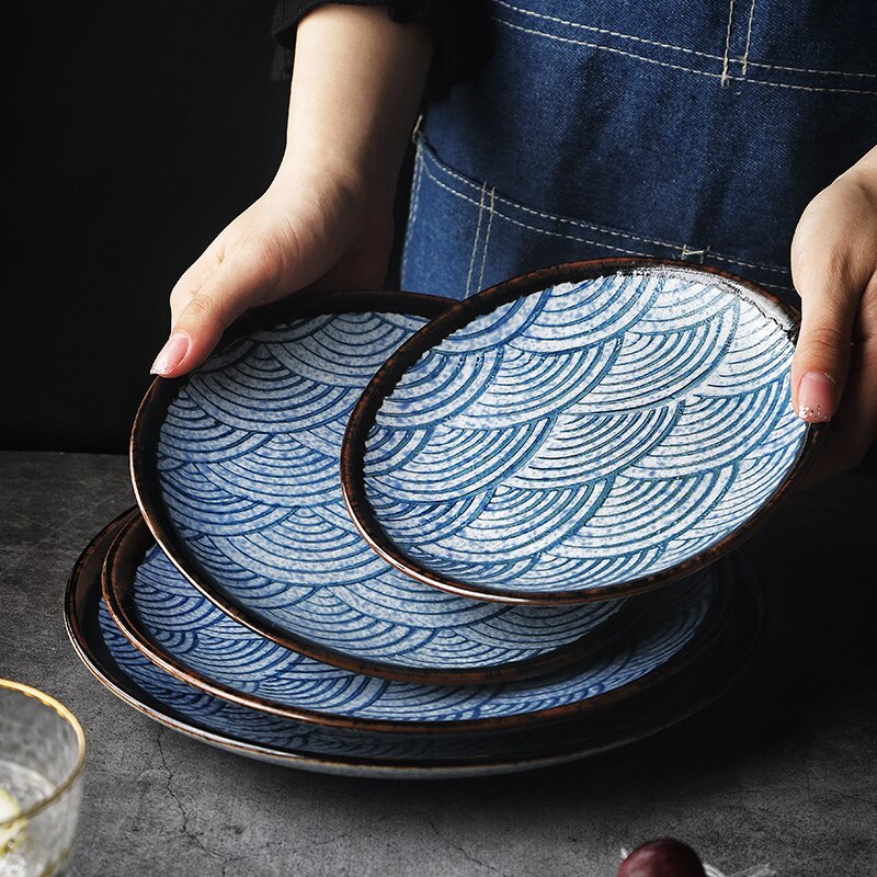 RHE niebieskie paski obiadowy talerz ceramiczny okrągły restauracja kuchnia stek deser danie strona restauracja narzędzia