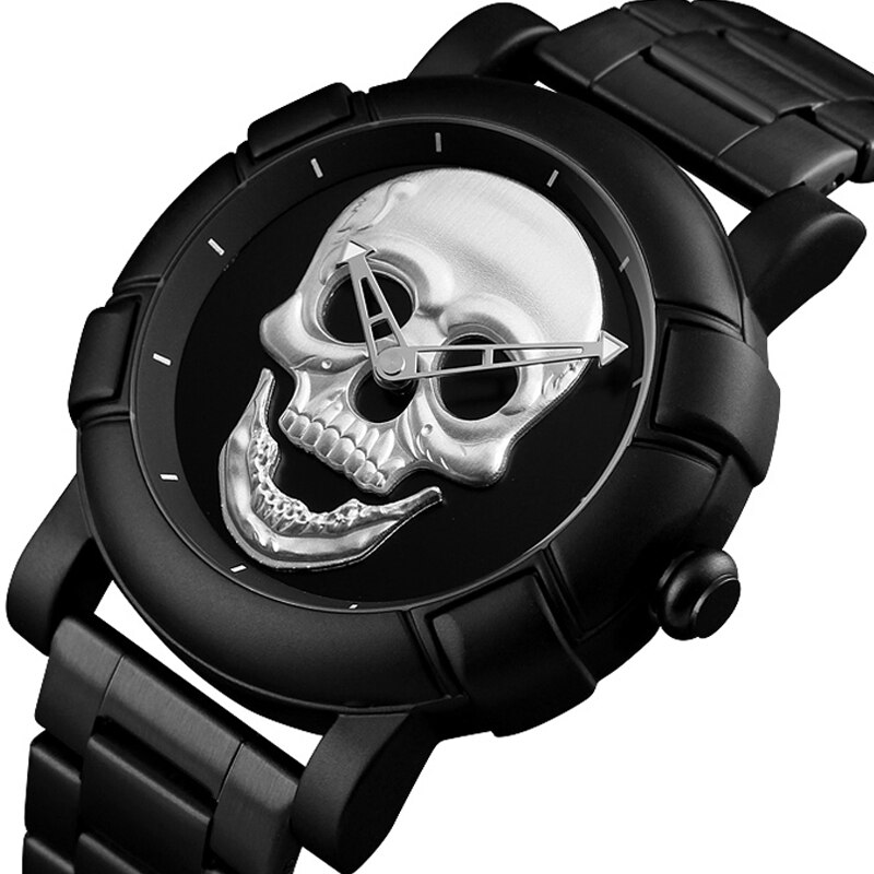 Black Gold Dial Quartz Watch Men 3D Skull Head Pattern Stainless Steel Steampunk Rock Engraved Cool Mexico Man Male reloj hombre: ENGRAVED SKULL