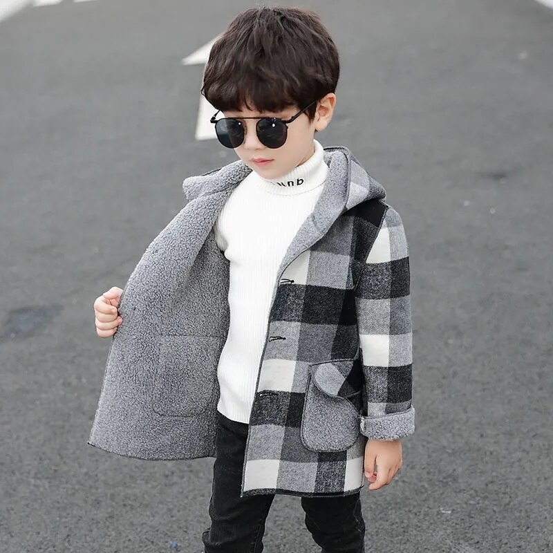 Lente & Herfst Jas Voor Jongen Wollen Koreaanse Versie Mode Jas Casual Hooded Rooster Mid-Lengte Kinderen kleding: Grijs / 14T