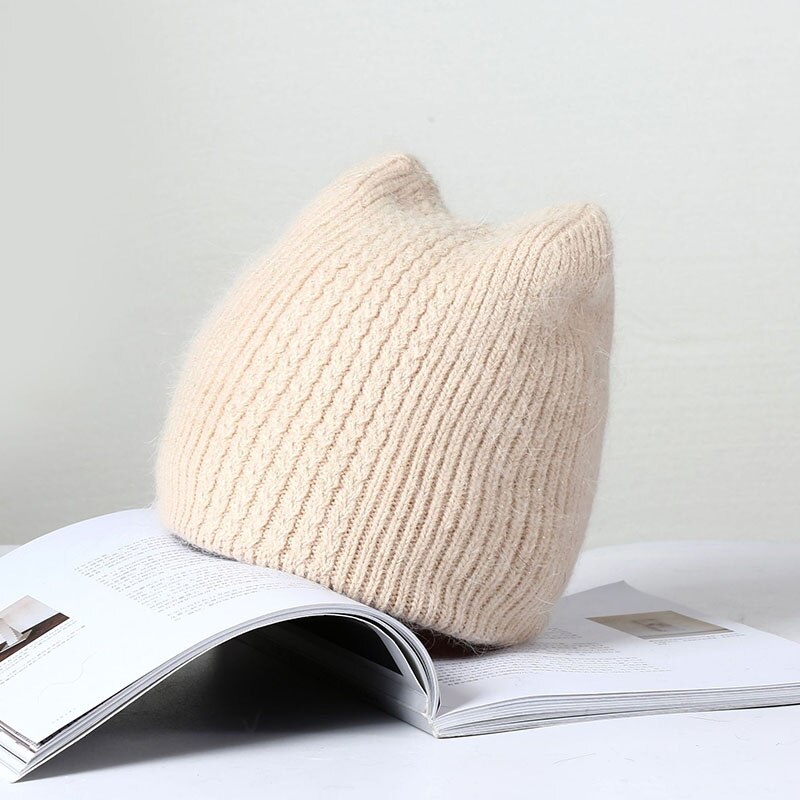 Bonnet en fourrure de lapin pour femmes, couleur unie, oreilles de chat, doux, à la , pour l&#39;extérieur, garde au , hiver: Beige